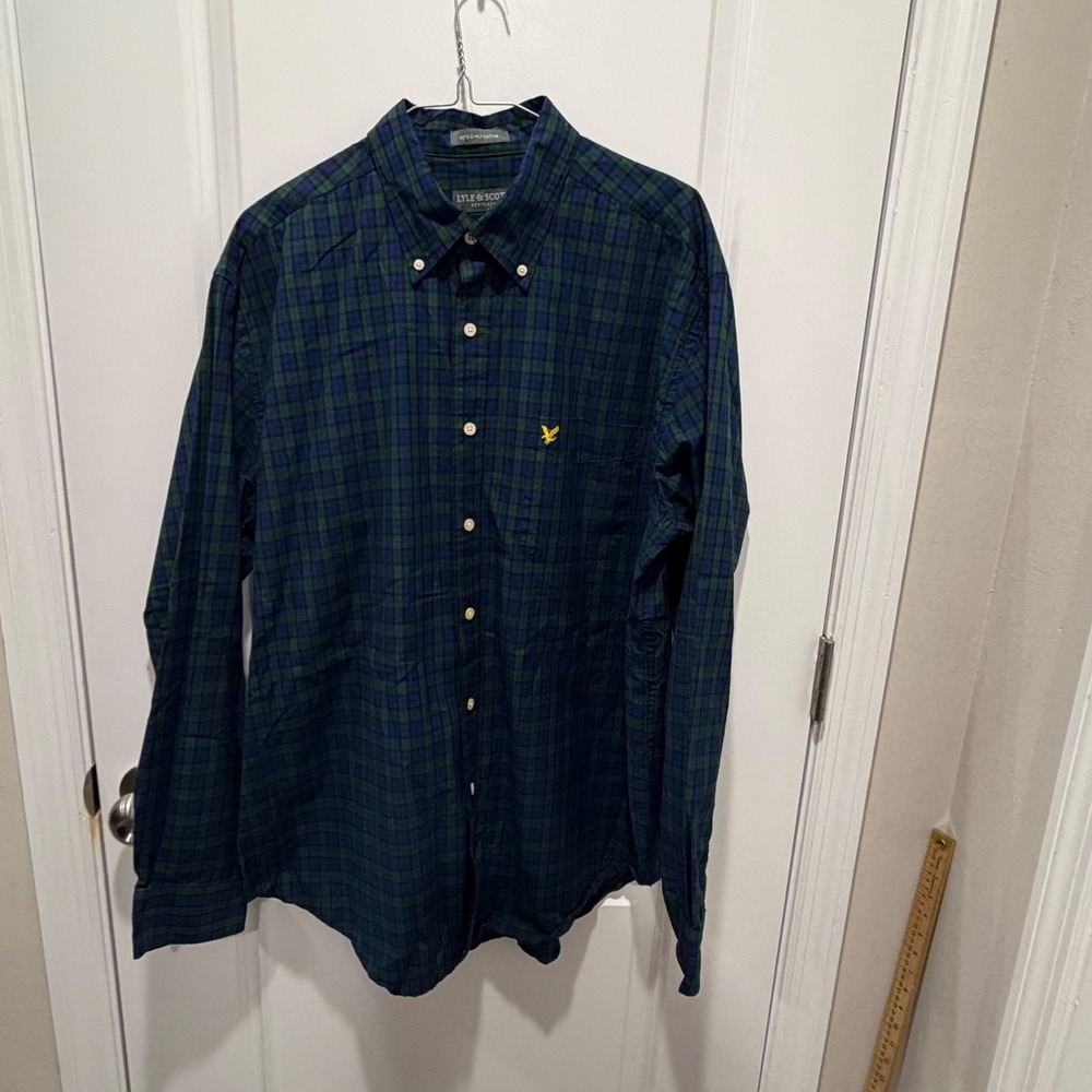Lyle & Scott Mens Button Down Shirt 80s 2-Ply Cotton Plaid Blue Green Size L